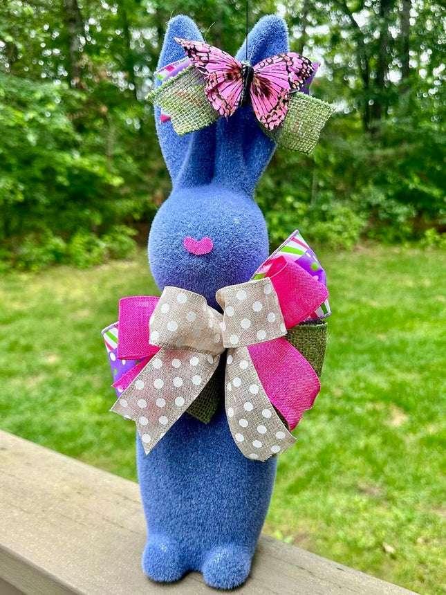 Purple Flocked Easter Bunny Decor , 16" Spring Bunny Centerpiece, Cute Pastel Bunny for Table, Shelf, or Home Office, Easter Decorating
