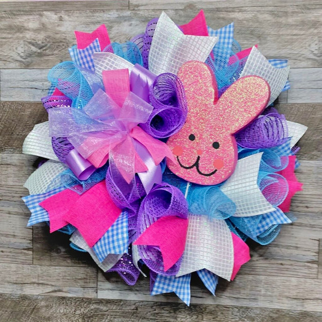 Small Easter Wreath for Front Door with Pink Bunny, Blue Gingham, Purple, Spring Deco Mesh Pixie, Easter Decoration, Easter Bunny Wreat