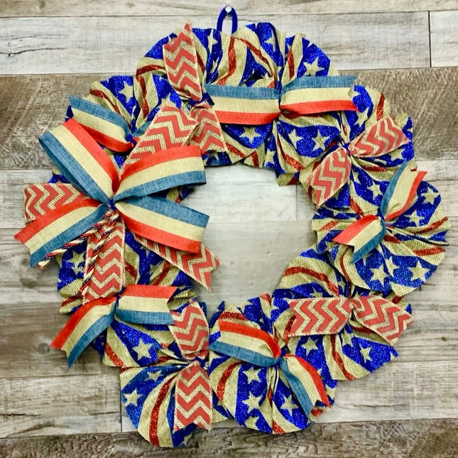 Patriotic Burlap Wreath for Front Door - Americana Flag Wreath, Rustic Red White Blue Decor, Farmhouse 4th of July Wreath