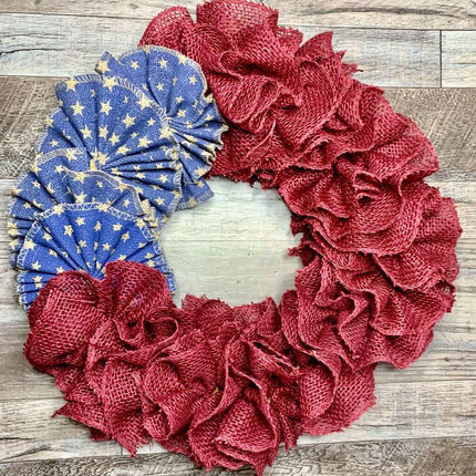 Rustic Patriotic Burlap Wreath - Red & Blue Flag Wreath for Front Door, Americana USA Decor, Year-Round 4th of July Wreath