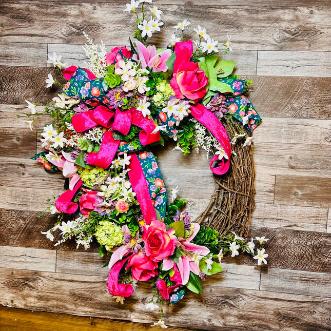 Oval Grapevine Floral Designer Wreath, Spring Front Door Wreath, Daisy & Rose Flowers Year Round Door Wreath