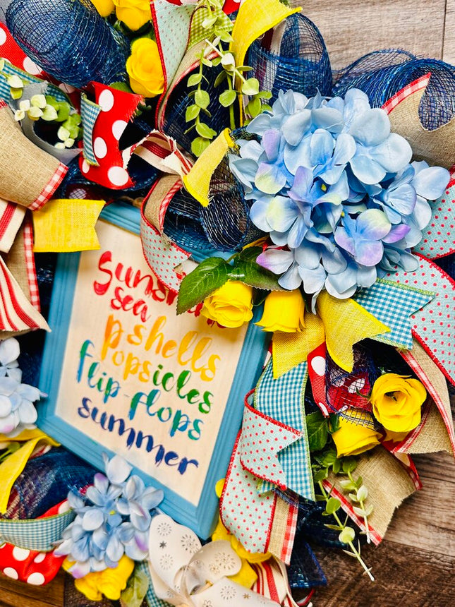 Summer Rainbow Floral Deco Mesh Wreath with Summertime Sign, Pinwheel, Roses & XL Bow, Summer Front Door Wreath