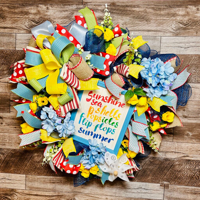Summer Rainbow Floral Deco Mesh Wreath with Summertime Sign, Pinwheel, Roses & XL Bow, Summer Front Door Wreath