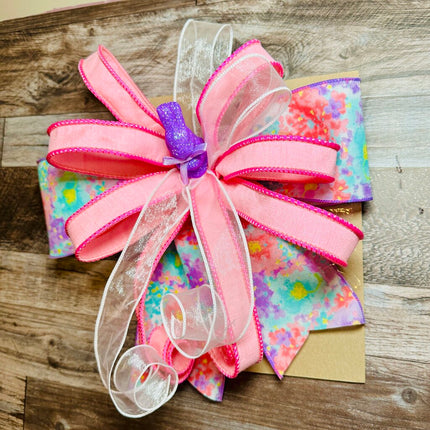 XXL Pink Floral Easter Bow w/Purple Bunny Center, Giant Easter Bow for Basket, Gift, Flowers, Wreath, Door Hanger, Decorating