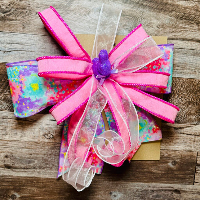 XXL Pink Floral Easter Bow w/Purple Bunny Center, Giant Easter Bow for Basket, Gift, Flowers, Wreath, Door Hanger, Decorating