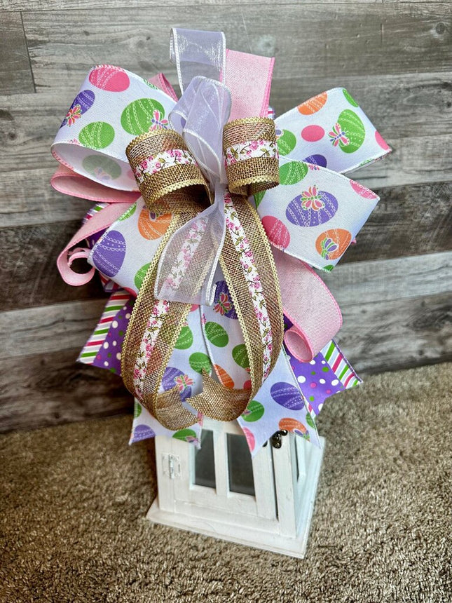 XXL Easter Bow, Pink & Purple with Easter Eggs, 5-Ribbon Handmade Large Bow for Easter Basket, Gift, Decor