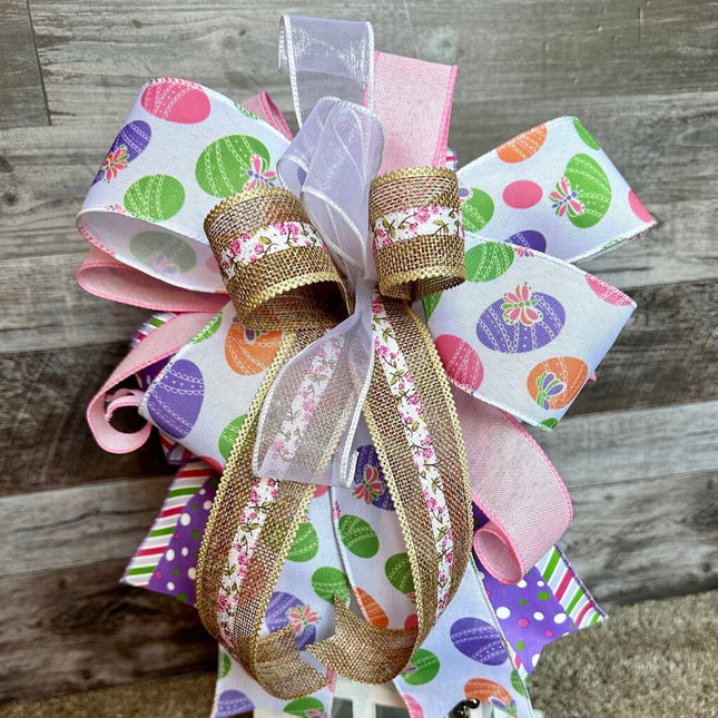 XXL Easter Bow, Pink & Purple with Easter Eggs, 5-Ribbon Handmade Large Bow for Easter Basket, Gift, Decor