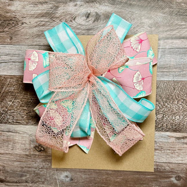 Pink & Aqua Floral Decorative Bow - Spring Wreath, Lantern, Mailbox, Gift Basket, Staircase, Wedding, Shower or Party Decor, Handmade Bow