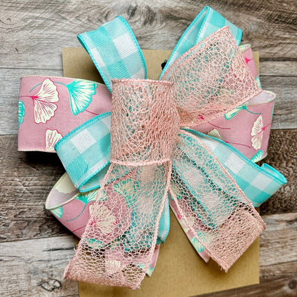Pink & Aqua Floral Decorative Bow - Spring Wreath, Lantern, Mailbox, Gift Basket, Staircase, Wedding, Shower or Party Decor, Handmade Bow