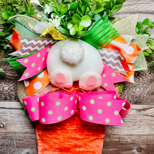 Yarn Carrot Wall Hanging with Greenery, Flowers & Bunny Butt, Easter Door Hanger, Spring Door Decor