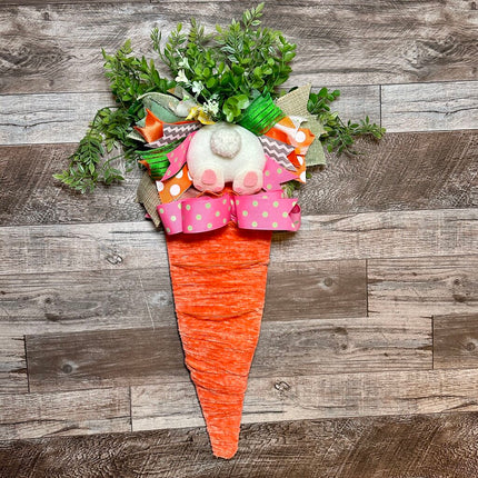 Yarn Carrot Wall Hanging with Greenery, Flowers & Bunny Butt, Easter Door Hanger, Spring Door Decor