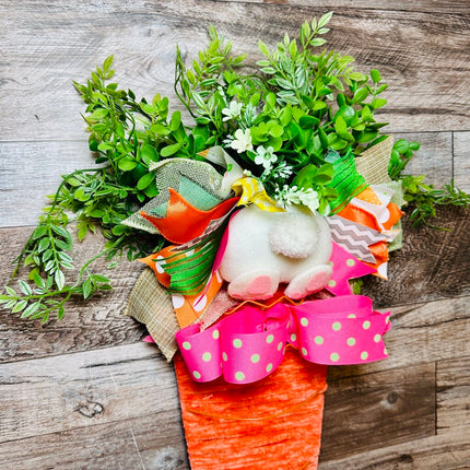 Yarn Carrot Wall Hanging with Greenery, Flowers & Bunny Butt, Easter Door Hanger, Spring Door Decor