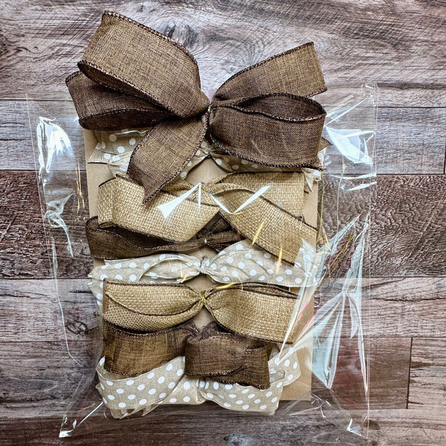 Bow Set - Tan, Polka Dor, Brown, Set of 8 Set of 8 Handmade Decorative Bows - Bows for Wreaths, Gifts, DIY Crafts, Rustic Decor