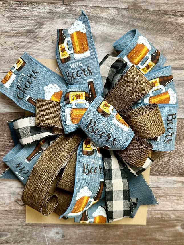 Let's Cheers With Beers Bow, Handmade XL Decorative Bow for Party, Father's Day, Shower, Birthday, Wreath, Lantern, Gift