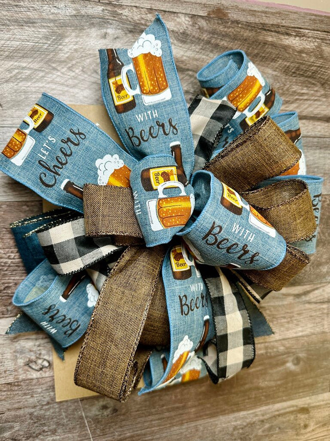 Let's Cheers With Beers Bow, Handmade XL Decorative Bow for Party, Father's Day, Shower, Birthday, Wreath, Lantern, Gift