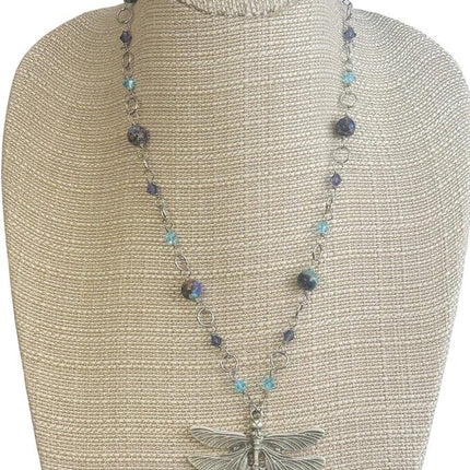 Sea Sediment Jasper & crystal brass dragonfly necklace