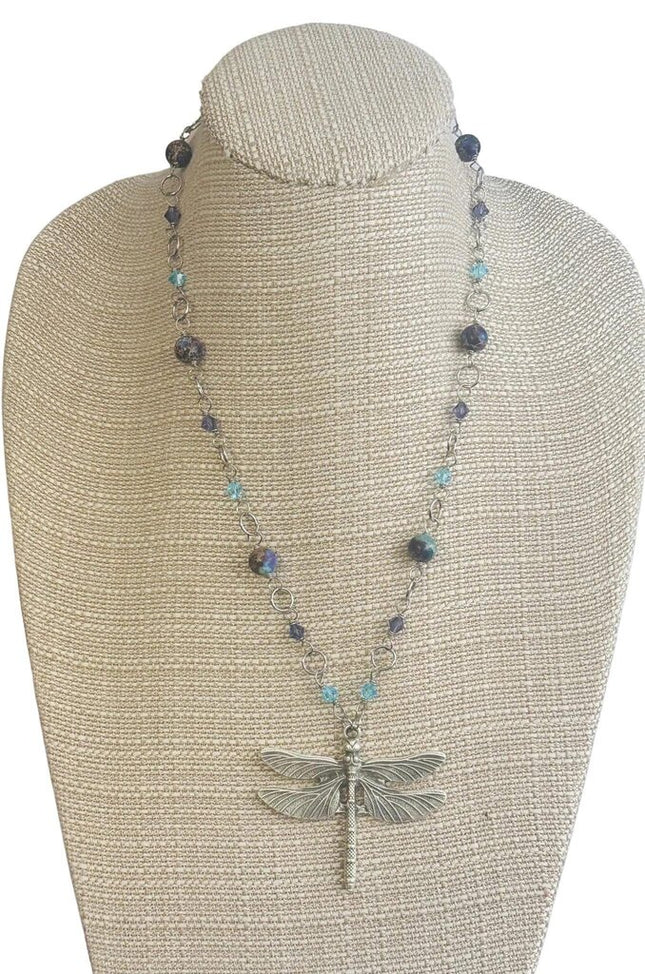 Sea Sediment Jasper & crystal brass dragonfly necklace