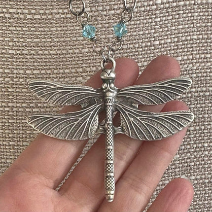 Sea Sediment Jasper & crystal brass dragonfly necklace