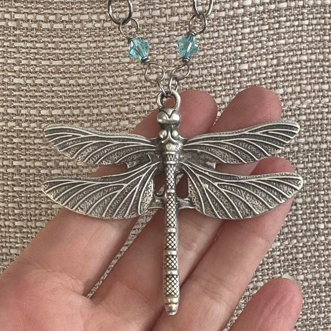 Sea Sediment Jasper & crystal brass dragonfly necklace