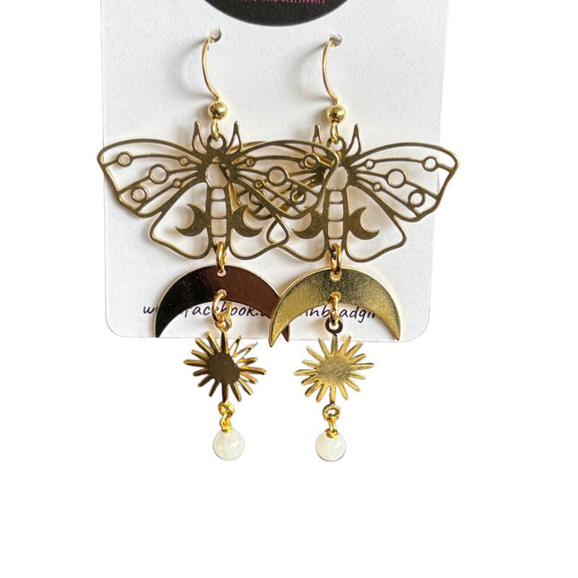 Gold Stainless steel moth with moonstone earring