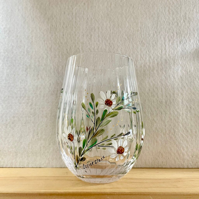 Daisy eucalyptus stemless wine glass