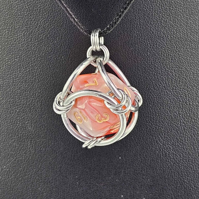 Caged D20 Necklace - Red White Marble, 20 inch Black Cord