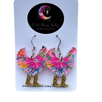 Hypoallergenic pink chicken with boots acrylic earrings