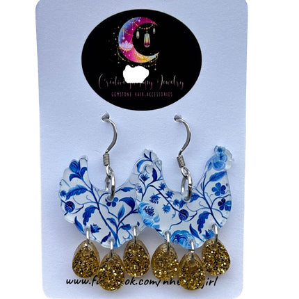 Hypoallergenic blue and white chicken with eggs acrylic earrings