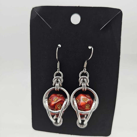 Mini D20 Earrings Silver with Red Dice
