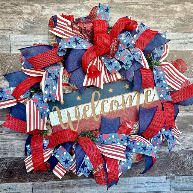 Patriotic Welcome Wreath for Front Door, Americana Burlap Wreath, Red White Blue Summer Wreath, USA Flag Wreath, Year-Round Patriotic Decor