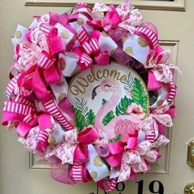 Pink Flamingo Welcome Wreath, Summer Front Door Decor, Tropical Flamingo Party Wreath, Pink and White Ribbon, Large Flamingo Door Wreath