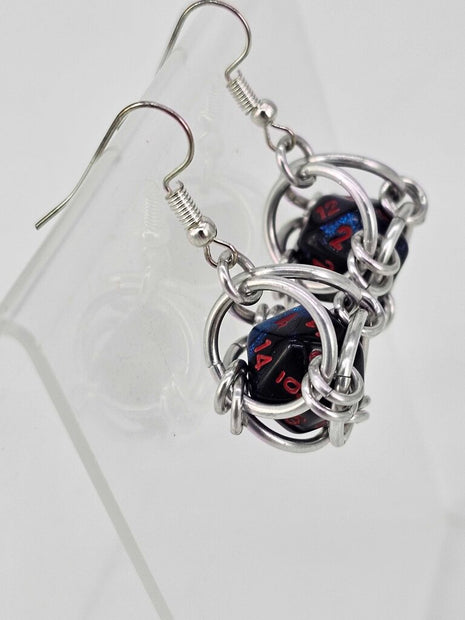 Mini D20 Earrings Silver with Sparkly Blue D20