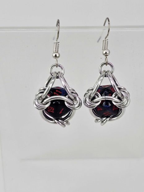 Mini D20 Earrings Silver with Sparkly Blue D20