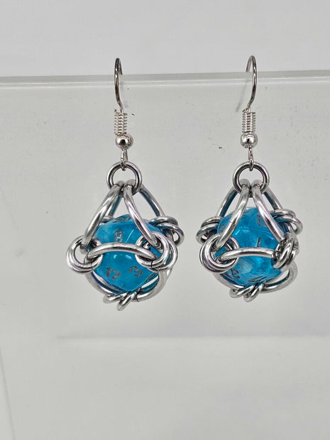 Mini D20 Earrings Silver with Translucent Blue D20
