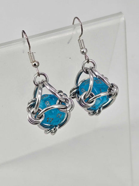 Mini D20 Earrings Silver with Translucent Blue D20