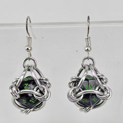 Mini D20 Earrings Silver with Black Gray D20 Green Number, Silver Spike - view 1