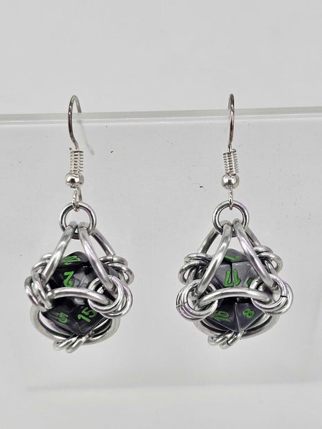 Mini D20 Earrings Silver with Black Gray D20 Green Number, Silver Spike