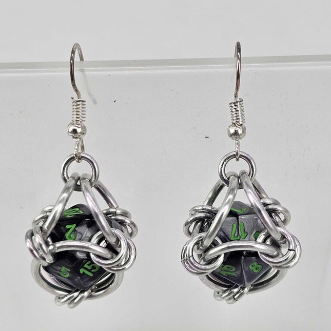 Mini D20 Earrings Silver with Black Gray D20 Green Number, Silver Spike