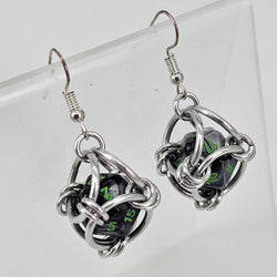 Mini D20 Earrings Silver with Black Gray D20 Green Number, Silver Spike - view 2