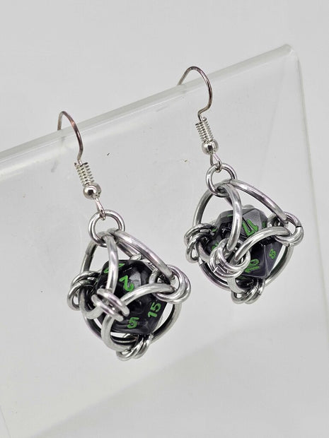 Mini D20 Earrings Silver with Black Gray D20 Green Number, Silver Spike