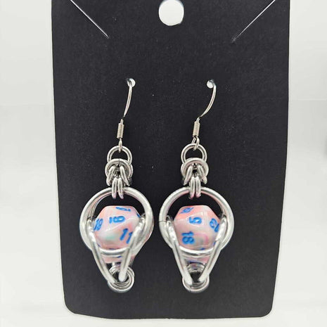 Mini D20 Earrings Silver with pink/white swirl D20