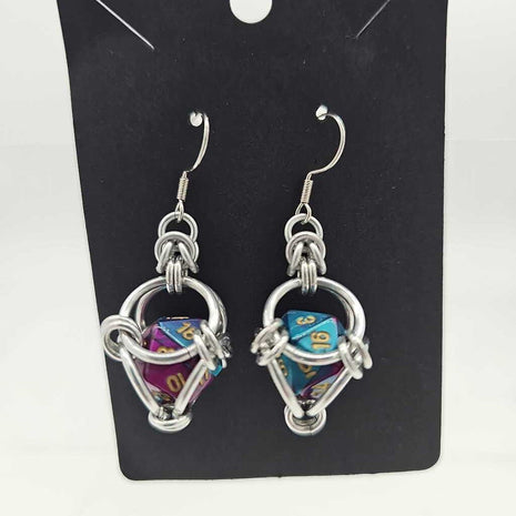 Mini D20 Earrings Silver with purple/teal swirl D20