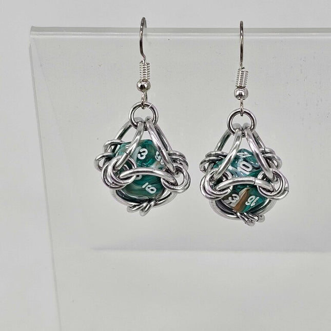 Mini D20 Earrings Silver with green swirl D20