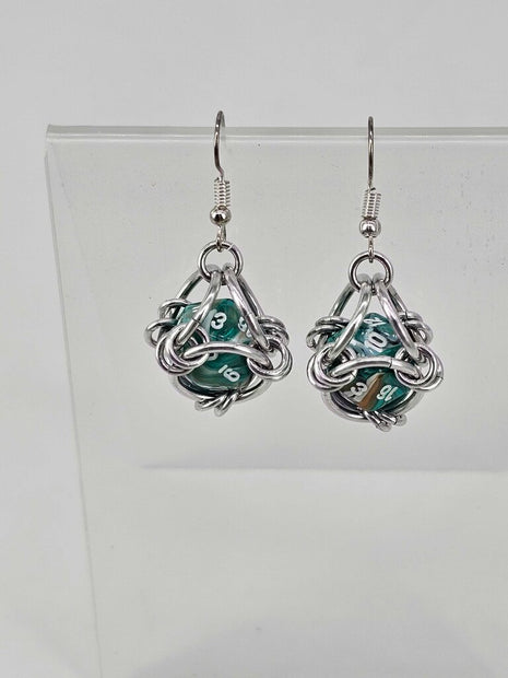 Mini D20 Earrings Silver with green swirl D20