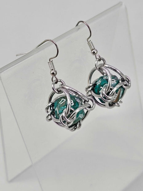 Mini D20 Earrings Silver with green swirl D20