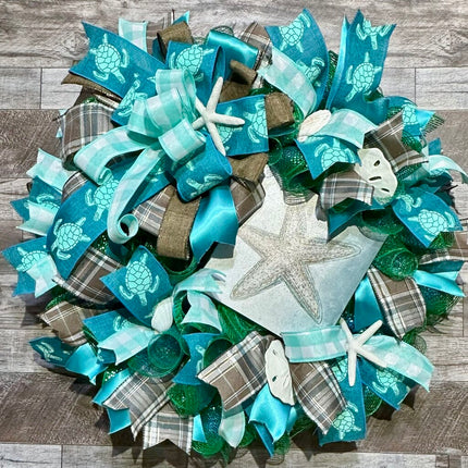 Coastal Front Door Wreath with Brown Starfish and Turtle, Teal Blue Deco Mesh Wreath, Nautical Beach House Door Decor, Beachy Starfish Decor