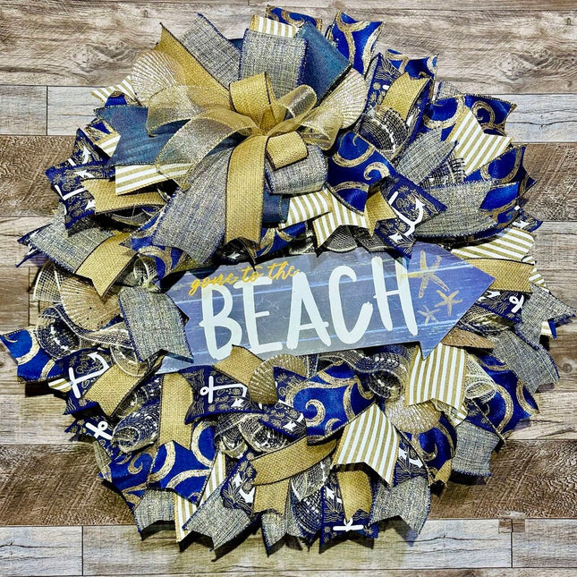Blue and Gold Beach Wreath – Coastal Front Door Decor with Anchor & Gone to the Beach Sign – Nautical Summer Wreath with Arrow Accent