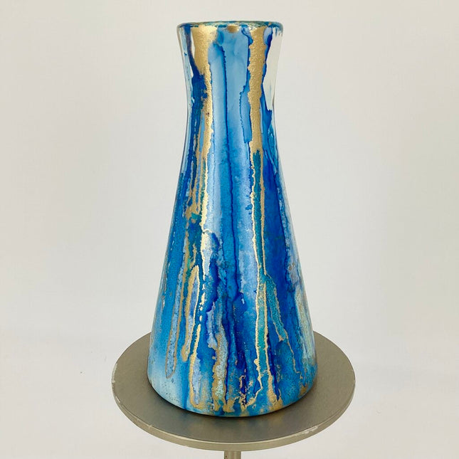7" Fluted Ceramic Vase- Blue/Teal/Gold