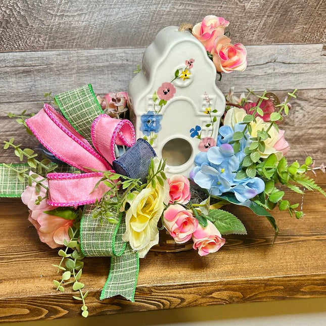 Ceramic Birdhouse Floral Arrangement, Centerpiece, Spring Summer Table Decor