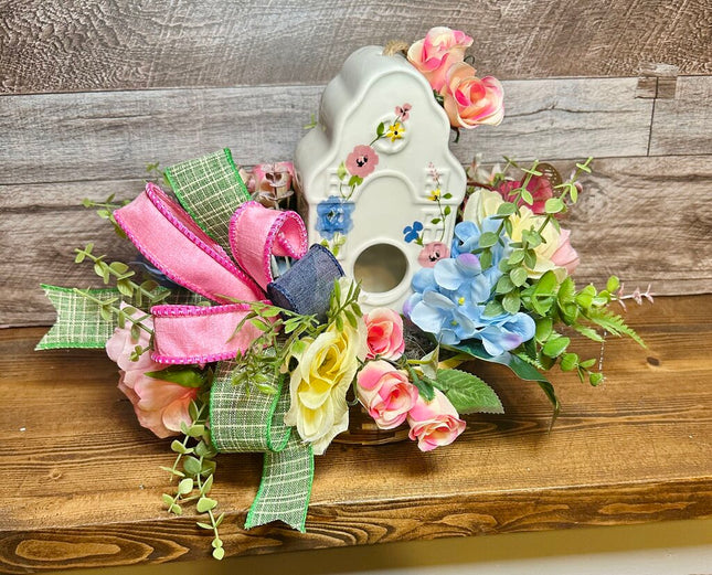 Ceramic Birdhouse Floral Arrangement, Centerpiece, Spring Summer Table Decor